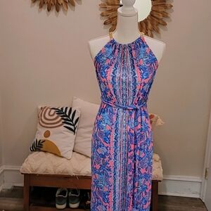 Floral Halter Maxi Dress - Blue and Pink